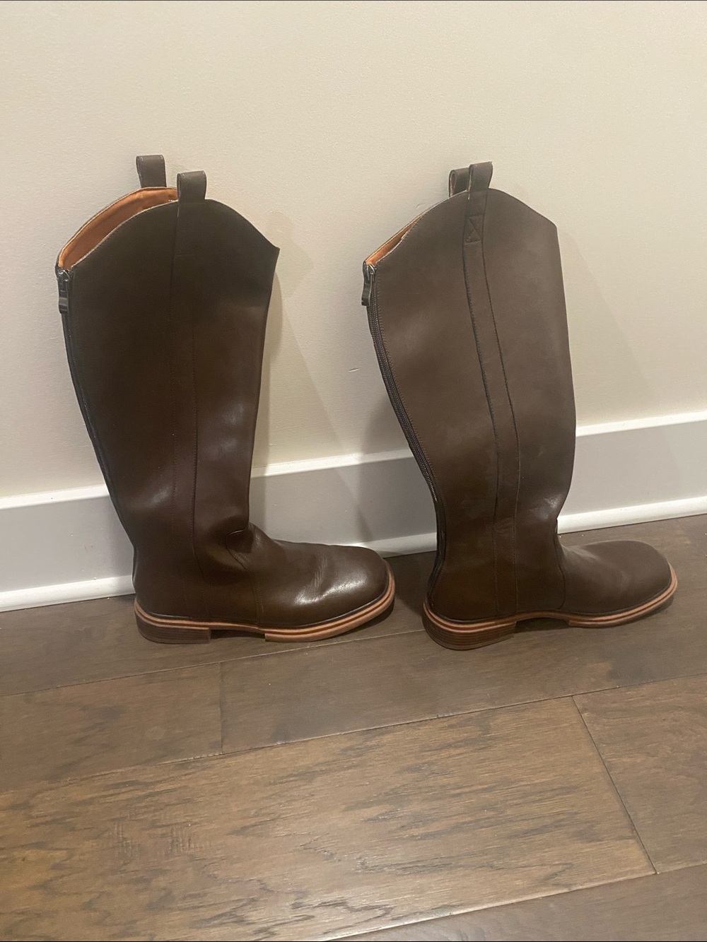 Tall Brown Leather Square-Toe Riding Boots